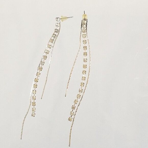 Crystal Rhinestones Silver Chains Dangling Drop Tassel Earrings 3 Strands 4" L - Picture 3 of 5